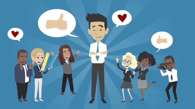 Successful business manager standing tall with crossed arms while cheering coworkers celebrate success around him animation video clip