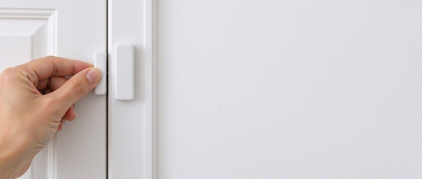 Close-up of a hand installing a white wireless door or window sensor onto a white cabinet door frame