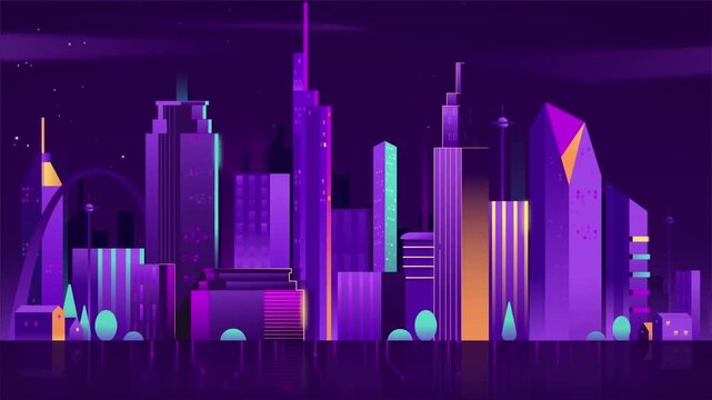 Neon futuristic city skyline video footage with glowing purple skyscrapers and animated lights for digital backgrounds