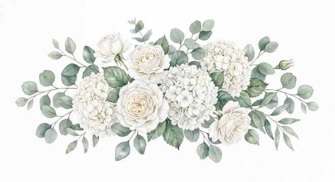 Watercolor white rose and hydrangea flower arrangement with green eucalyptus leaves white roses hydrangea flowers floral bouquet wedding flowers botanical illus