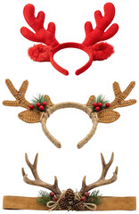 A charming collection of holiday reindeer antler headbands featuring rustic woodland and vibrant festive designs. © z_to_the_top