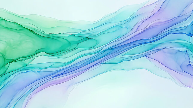 Abstract liquid color flow with soft green and purple ink waves on a