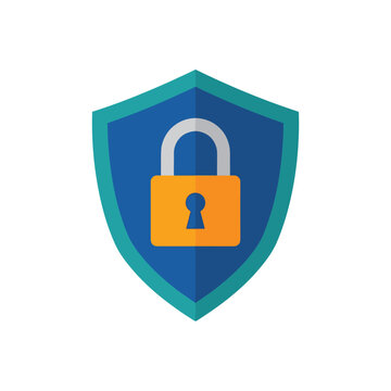 A blue shield with a green border holds a yellow padlock. It symbolizes digital security and protection.