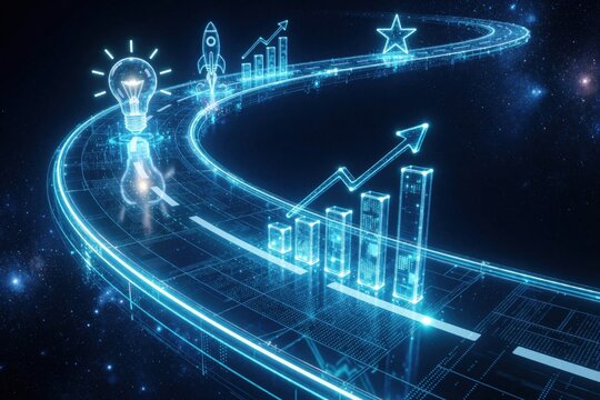 Glowing blue digital road shows business growth journey. Neon lightbulb, rocket, bar charts move along futuristic path towards success. Abstract concept of startup innovation, financial progress,