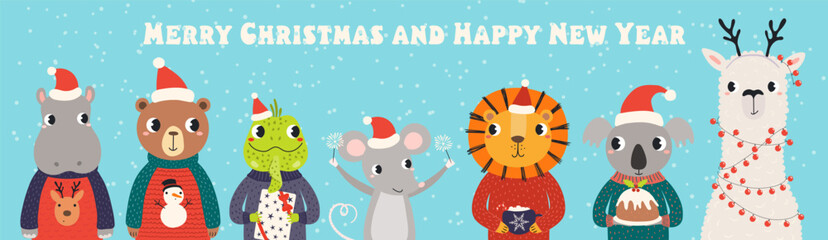 Obraz premium Cute animals in Santa Claus hats celebrating Christmas, with tree, sparklers, pudding, gifts illustration. Cartoon characters. Holiday kids print, design elements for card, banner. Hand drawn vector