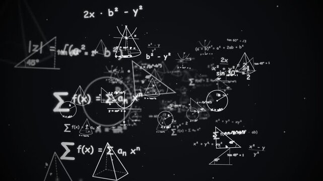 Complex math equations and geometry sketches on dark background. 4K Video