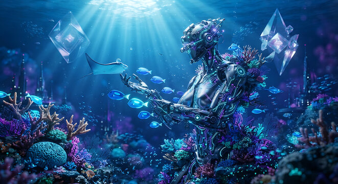 Futuristic cyborg robot interacting with marine life in a glowing underwater coral reef world