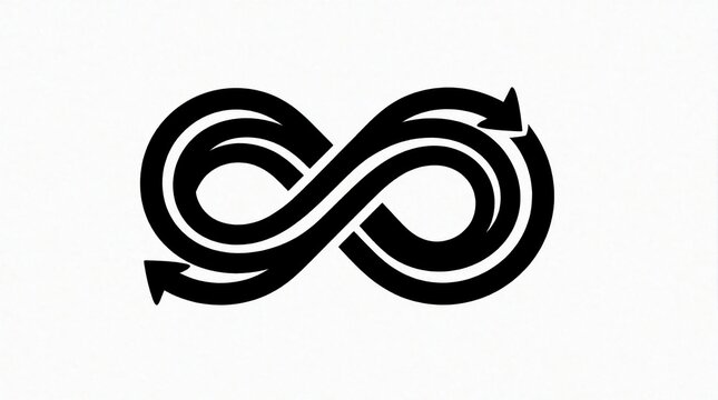 Abstract black infinity symbol with flowing arrows. Continuous loop icon represents endless progress, movement. Minimalist graphic design shows cycle of growth, direction. Concept of eternal success,