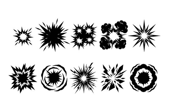 Cartoon comic explosion and impact effect collection in black outline with action elements comic book burst shapes explosion vector blast symbols boom effect illustration