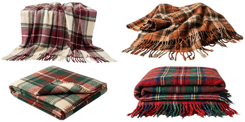 A warm collection of assorted plaid and tartan wool throw blankets featuring soft folds and fringe details. © z_to_the_top