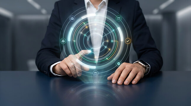 Businessman touching glowing circular HUD hologram interface floating above conference desk, featuring central target analytics scanner hub, data network node connections, identity access profile, ver