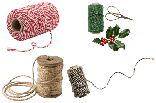A collection of decorative and natural jute twine spools for festive gift wrapping, crafting, and packaging.