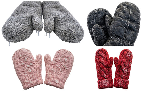 A collection of cozy winter mittens in various materials and colors dusted with frost and snow.