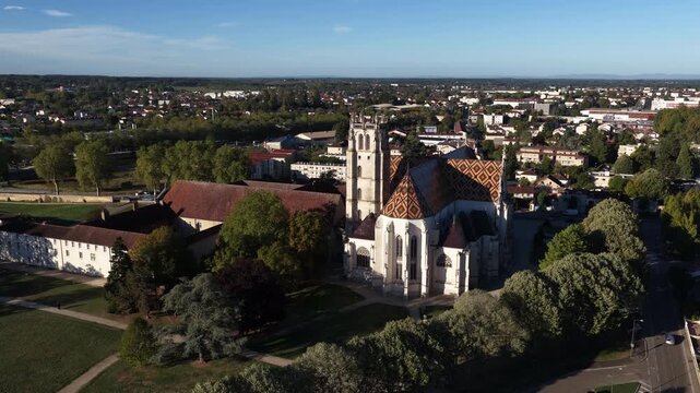 Aerial monastery church cloister and gardens in Bourg-en-Bresse
