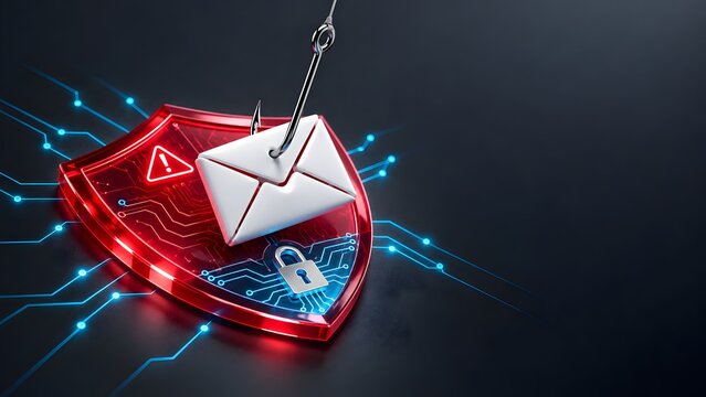 Malicious Email on Fishing Hook Intercepted by Red Digital Padlock Shield Representing Cyber Defense