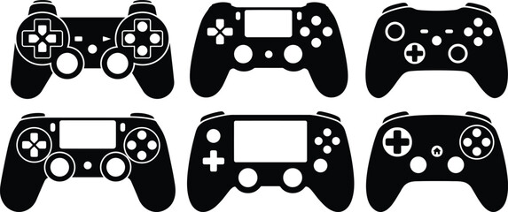 Black game controller silhouettes with joystick buttons and directional pad including console gamepads for video gaming entertainment vector illustration © Sanjidul Graphics