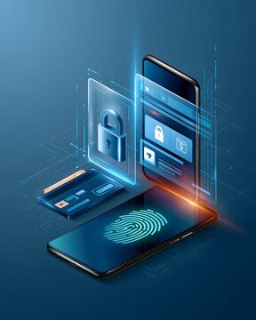 Biometric payment security concept featuring smartphone fingerprint authentication, secure digital wallet and encrypted transaction interface, sophisticated futuristic financial technology environment