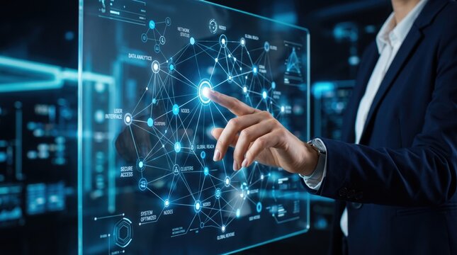 Man interacting with advanced transparent touch screen displaying complex data analytics network nodes and business intelligence charts in high tech control room environment.