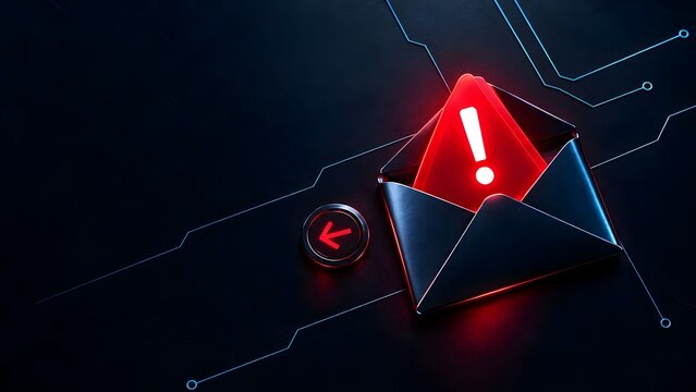 Open Metallic Envelope Revealing Glowing Red Warning Sign Representing Malicious Email Payload Threat