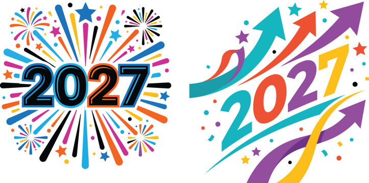 Happy New Year 2027 Geometric Typography with Fireworks and Holiday Design
