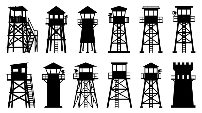 Set of Guard Tower and Watchtower Silhouette Icons Vector Set