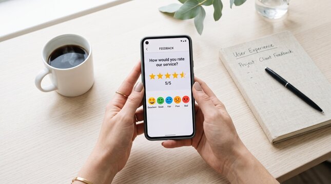 Hands holding smartphone showing customer service feedback rating application interface with five stars selection and emoticons user experience survey form on mobile screen