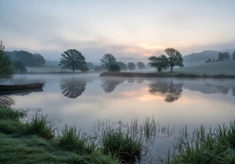 Fototapeta premium Rowboat on shore of misty reflecting lake.