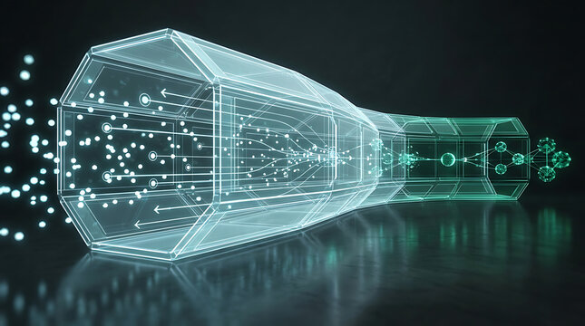 Futuristic data pipeline tunnel filtering big data particles into structured molecular network nodes, featuring glowing octagonal glass tube funnel, machine learning data processing conversion, analyt