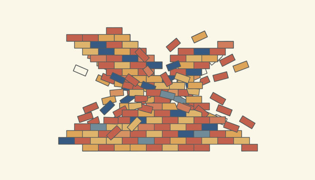 Exploding brick wall with many flying bricks in shades of red, yellow, and blue against a solid cream background.