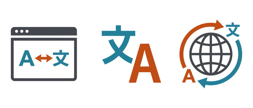 Set of language translation icons representing web browser and global communication with translation icon language conversion internet tools digital text international