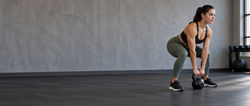 Young athletic Caucasian woman performing kettlebell deadlift exercise in modern gym, strength training, fitness workout, functional movement, focused, athletic apparel, concrete wall and gym
