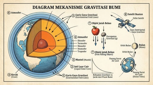 Minimalist Diagram of Earth s Gravity Mechanism Layers Gravitational Field Lines Free Fall Objects Moon Orbit and Ocean Tides