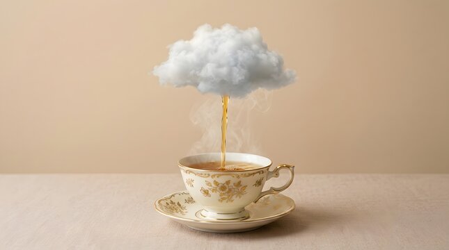Surreal fluffy cloud pouring warm hot tea into an elegant vintage porcelain cup sitting upon a wooden table surface