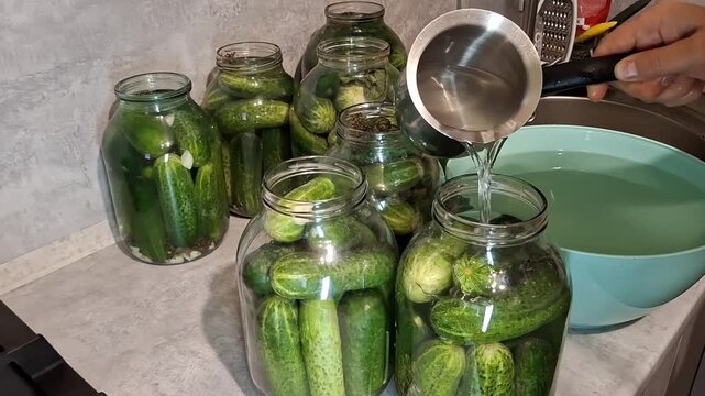Making pickles in jars with fresh cucumbers on a kitchen counter
