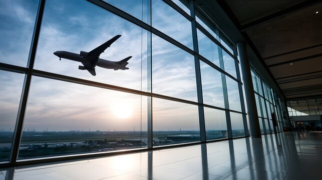 An airplane takes off against a twilight sky  viewed through the glass facade of a modern airport terminal