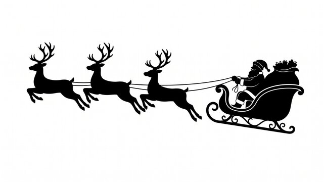 Santa clause riding sleigh pulled by flying reindeer silhouette graphic illustration isolated on white background