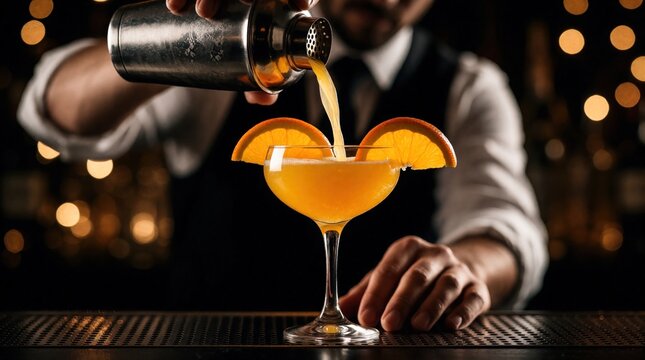 Skilled bartender pours orange cocktail from metal shaker into elegant coupe glass. Fresh citrus drink with orange slice garnish on rim. Pro mixology service in dark nightlife bar with bokeh lights.