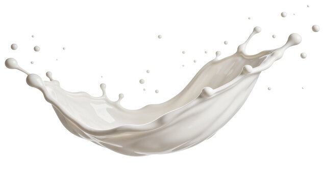 Dynamic white milk splash with droplets, isolated on transparent background