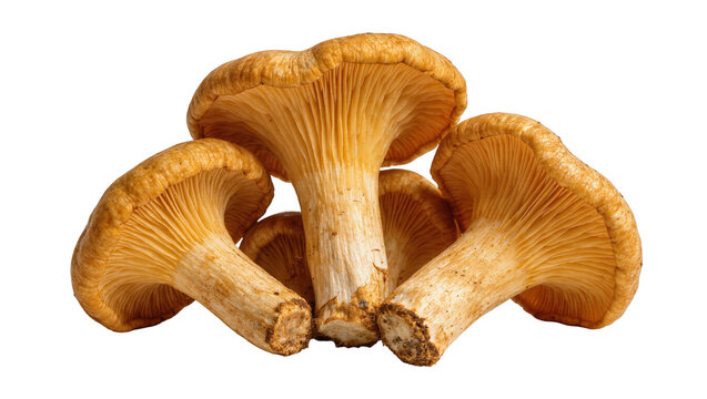 Golden chanterelle mushrooms with delicate gills, isolated on transparent background