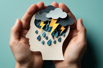 Fototapeta na wymiar Human hands hold paper cutout of head with storm clouds, lightning inside. Conceptual art shows mental health issues like depression anxiety. Brain experiences heavy rain, thunder during panic attack
