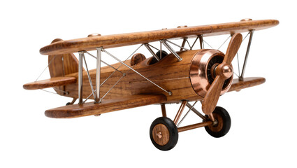 Detailed wooden biplane model with copper engine details, isolated on transparent background © Emilia