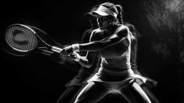 Female tennis athlete performs powerful forehand swing with racket. Dynamic motion blur shows movement, speed in black, white. Pro woman player trains hard for championship match. Intense sports