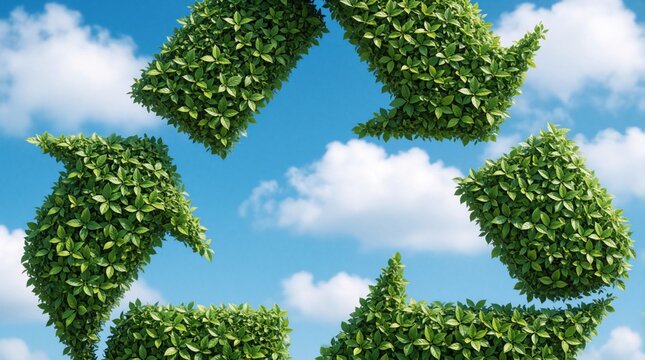 Green leaves form recycling symbol icon against blue sky with white clouds. Eco friendly concept shows sustainable life, nature conservation. Foliage creates circular arrow shape for waste reduction,