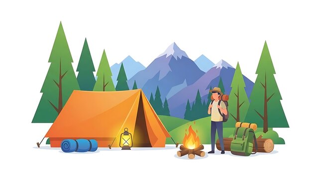 Vector illustration of a scenic mountain campsite with tent.