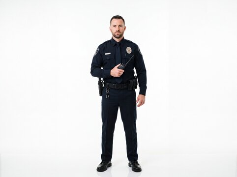 Professional male security guard in a dark uniform holding a walkie talkie standing isolated on a white background