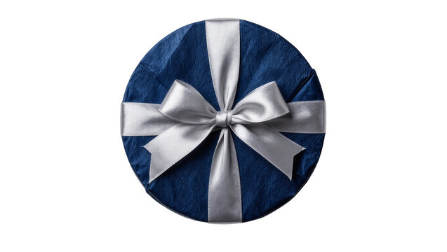 Round blue gift box with silver ribbon and bow, isolated on transparent background