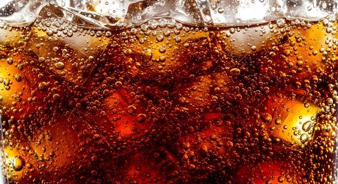 Refreshing Cola Macro with fizzy brown soda, ice cubes, and carbonated bubbles, ideal for beverage advertising and summer refreshment marketing.