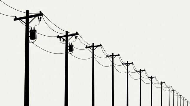 Black utility poles stretching into the distance with power lines against a white background