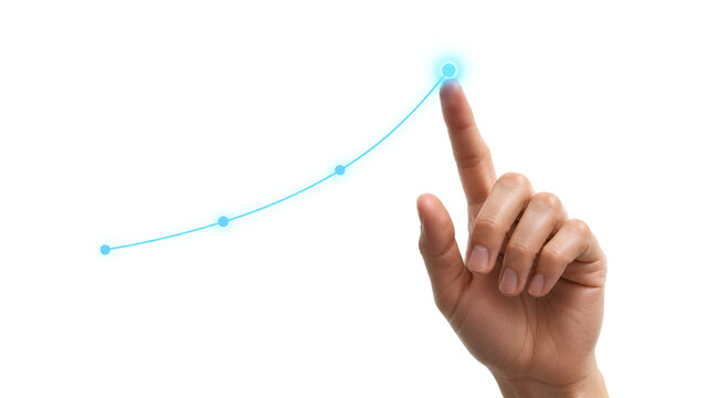 Close up of hand touching blue glowing upward trend line showing modern business analytics isolated on white background