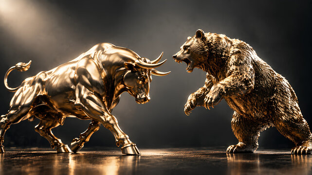 Golden bull sculpture confronting golden bear in financial market battle symbolizing stock exchange volatility